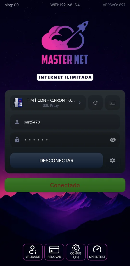 App Masternet - D1 mostrando o status Conectado