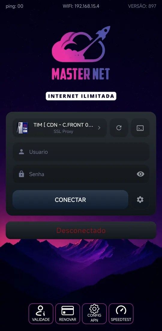 Tela de login do app Masternet - D1, com os campos Usuário e Senha
