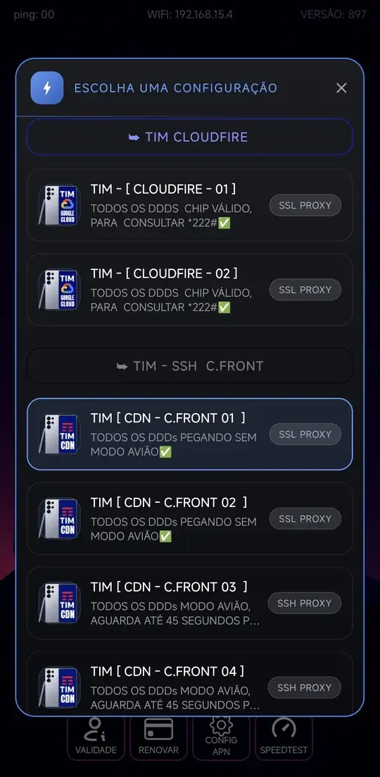 Lista de servidores TIM no app Masternet - D1, com um servidor selecionado